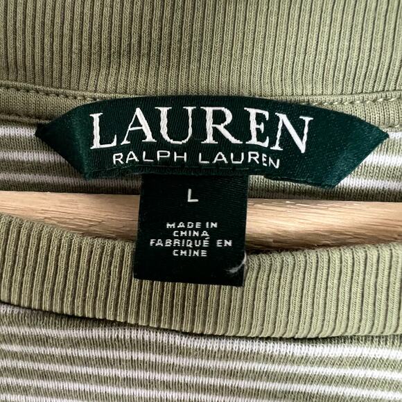 Lauren Ralph Lauren Women's Large Sage Green Striped Boat Neck Short Sleeve Top - Picture 3 of 8